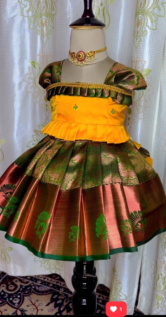 Yellow and Green Pattu Pavada