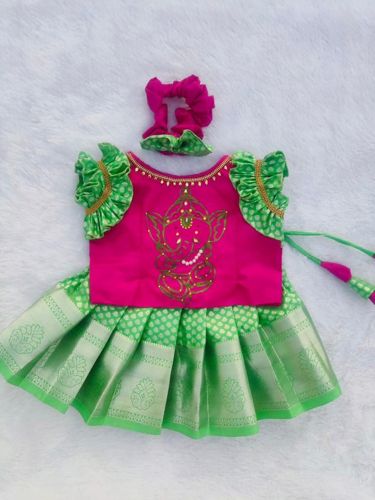 Pink and Green Pattu pavada