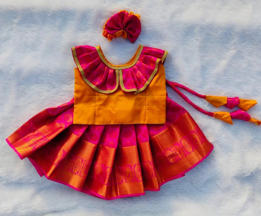 Yellow and Pink pattu pavada