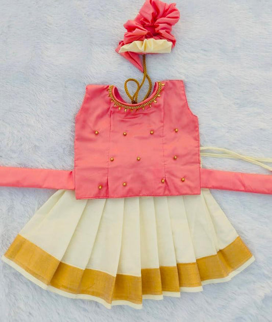 Peachish Pink and Kerala White Pattu pavada