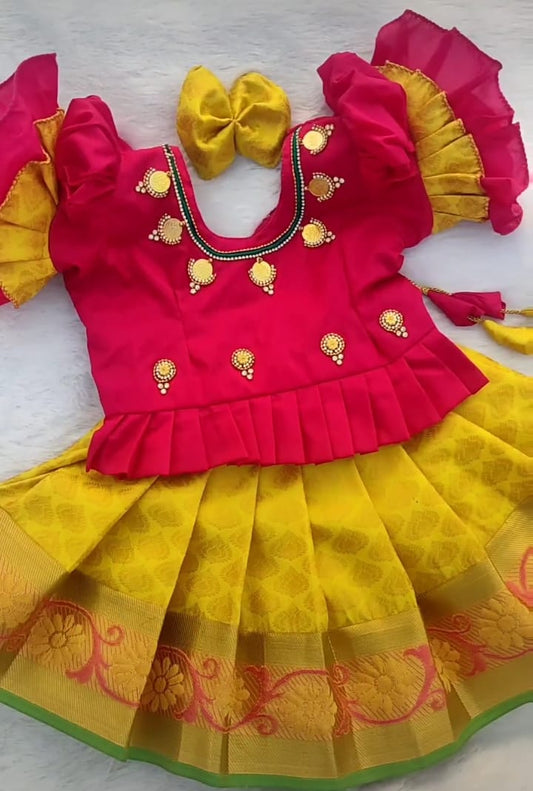 Pink and Yellow Pattu pavada