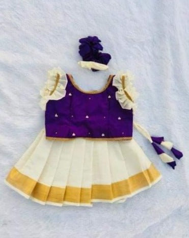 Purple  and Kerala White Pattu Pavada