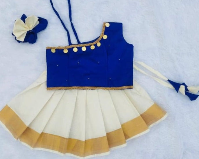 Blue and Kerala White Pattu pavada