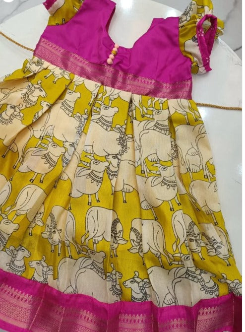 Pichwai Cow Print Pink and Yellow Dola Silk Light weight Frock