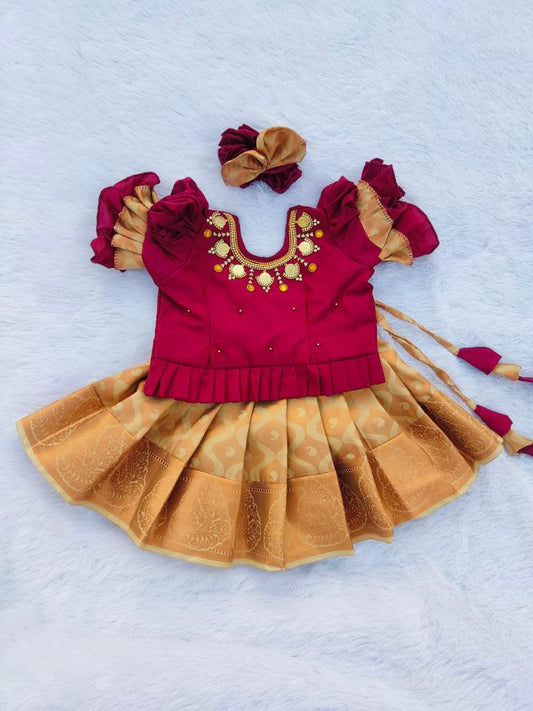 Maroon and Dull Gold Pattu pavada