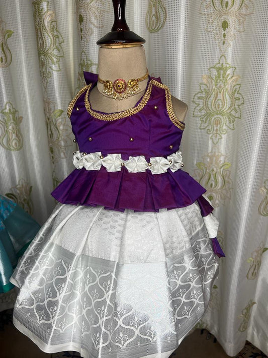 Purple and White Pattu pavada