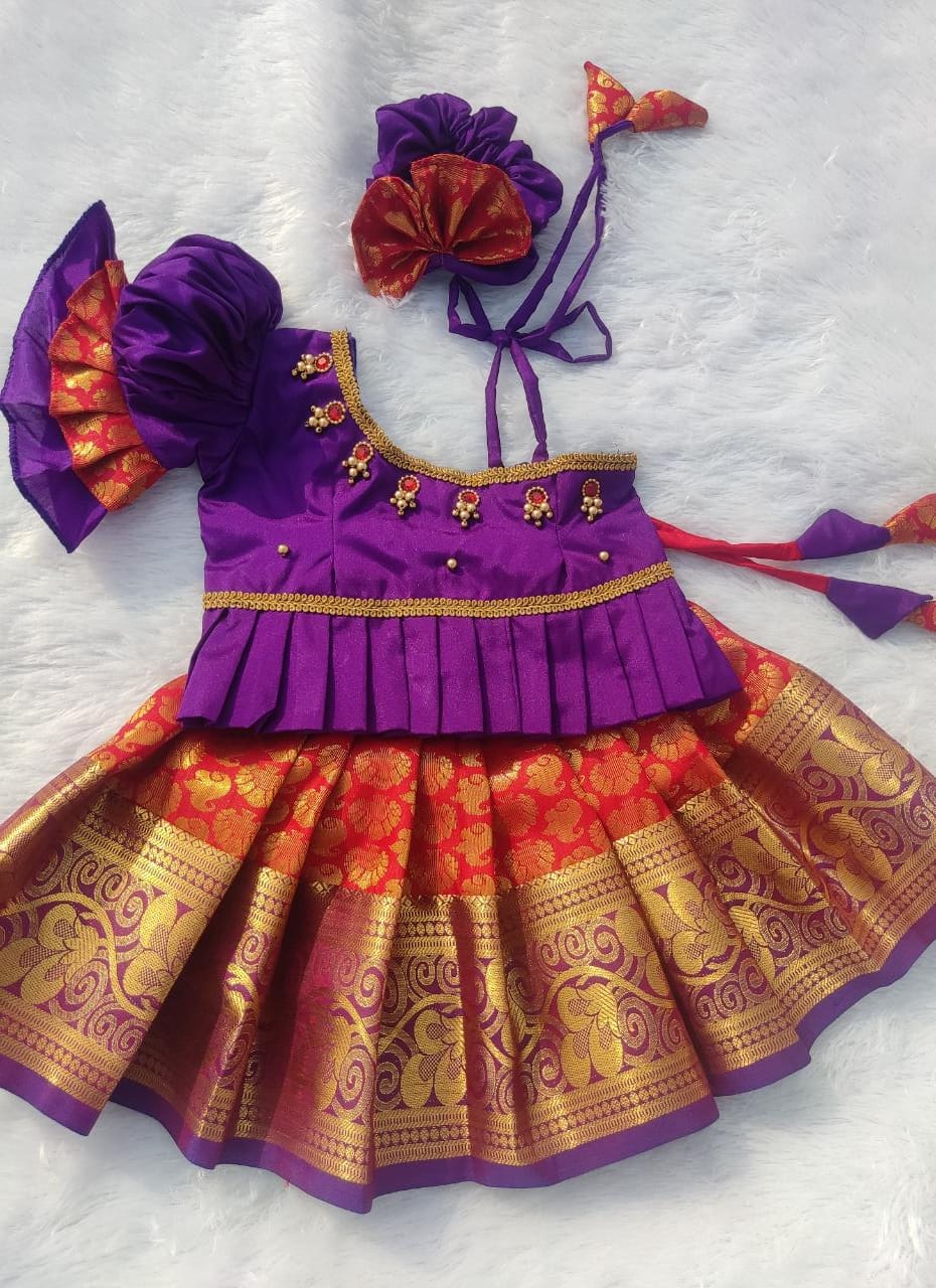 Purple and Red Pattu Pavada