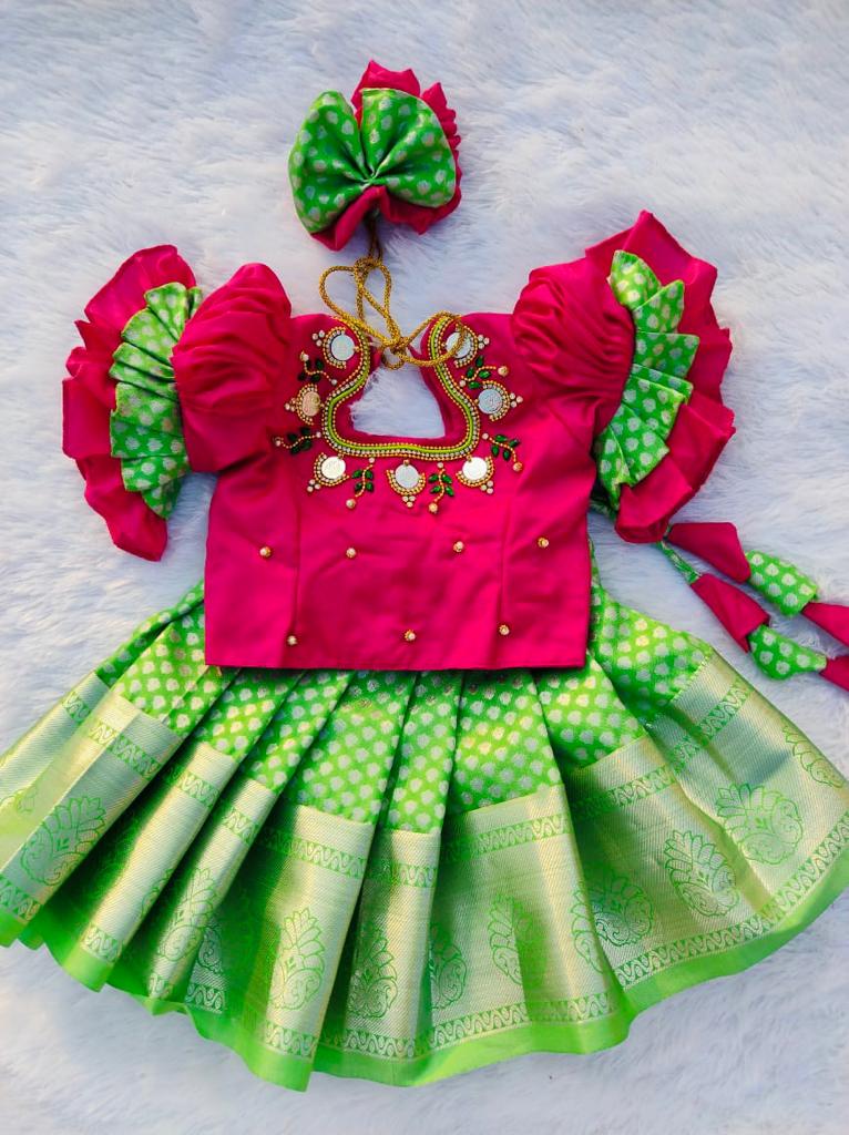 Pink and Green Pattu pavada