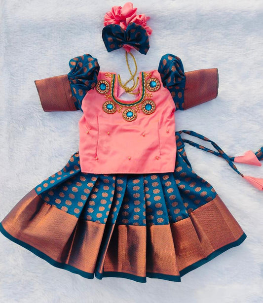 Pink and Peacock Blue Pattu pavada