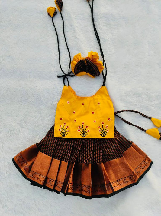 Yellow and Black Pattu pavada