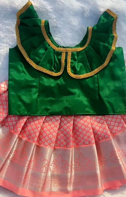 Green and Dull Orange Pattu pavada