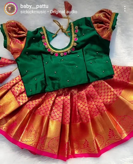 Green and Pinkish Red Pattu pavada