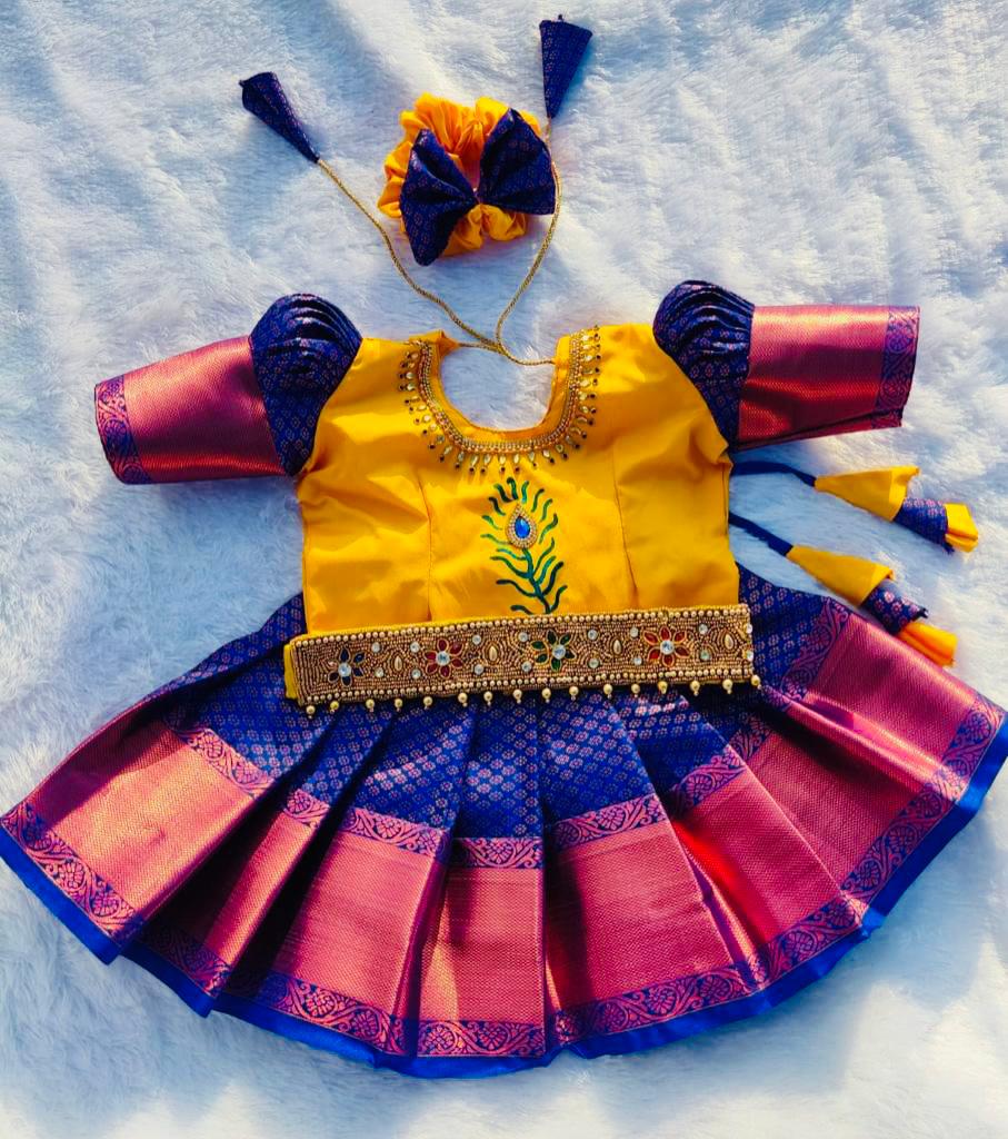 Yellow and Royal Blue Pattu pavada with beautiful Hip belt