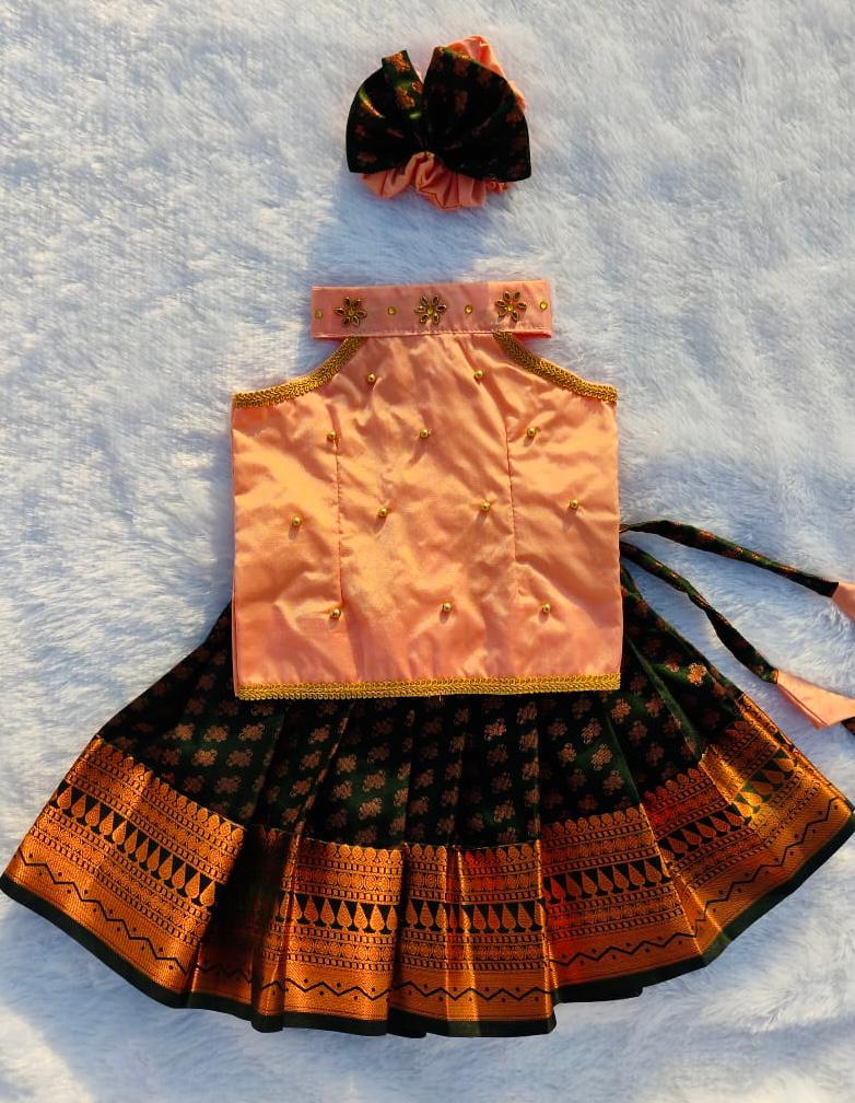 Peach and Dark Green pattu pavada