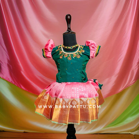 Green and Pink Pattu Pavada