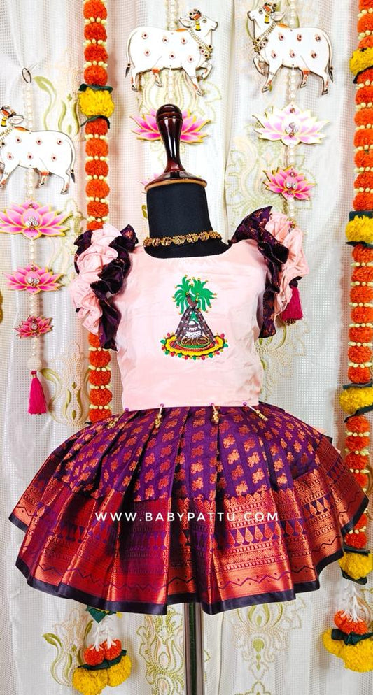 Hand Painted PEACH TOP AND WINE BOTTOM PATTU PAVADA