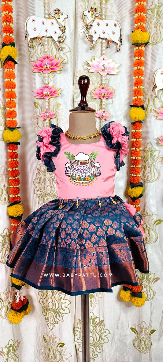 Hand Painted PINK TOP AND PEACOCK BLUE BOTTOM PATTU PAVADA