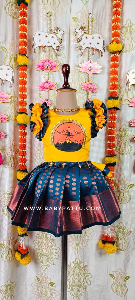 HAND PAINT YELLOW & PEACOCK BLUE PATTU PAVADA