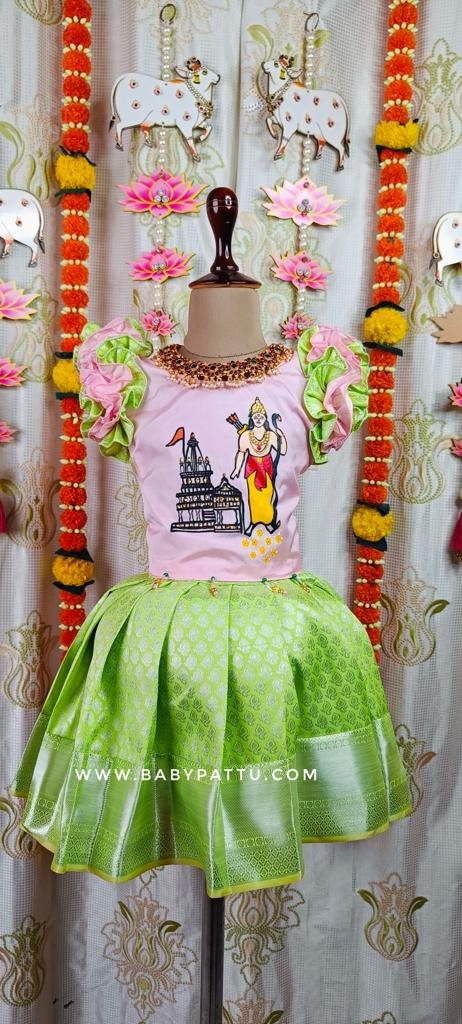 HAND PAINT BABY PINK & MINT NEON GREEN PATTU PAVADA