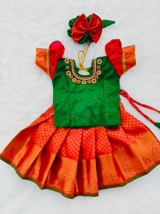 Green Top and Red Bottom Pattu pavada