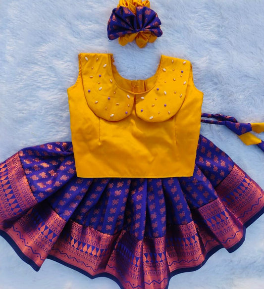 Yellow Top and Purple Bottom Pattu Pavada