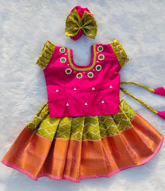 Pink Top and Green Bottom Pattu pavada