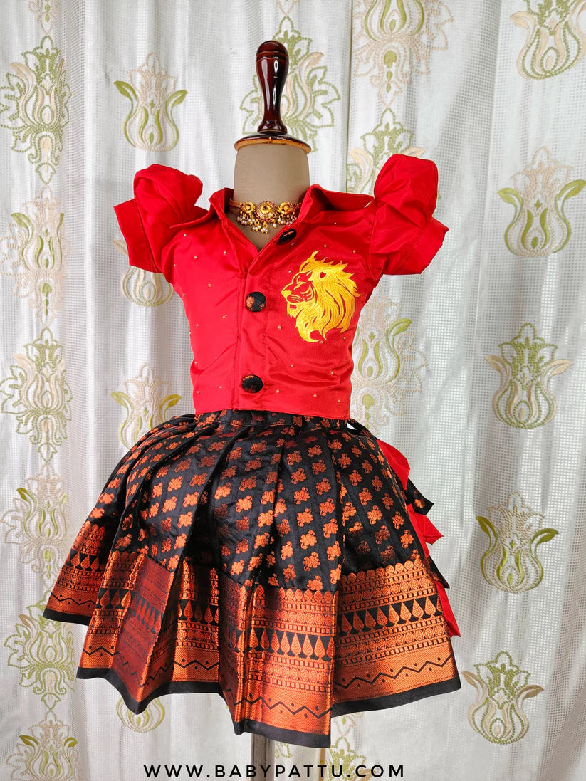 RED TOP & BLACK COPPER ZARI BOTTOM PATTU PAVADA