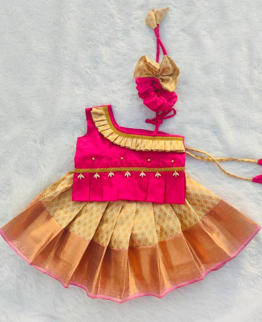 Pink and Half White Pattu Pavada