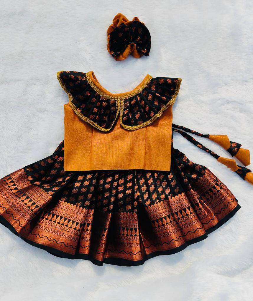 Copper Soft Tissue Top and Black Bottom Pattu pavada