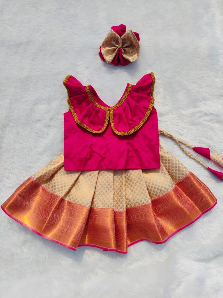 Pink Top and Half White Bottom Pattu Pavada