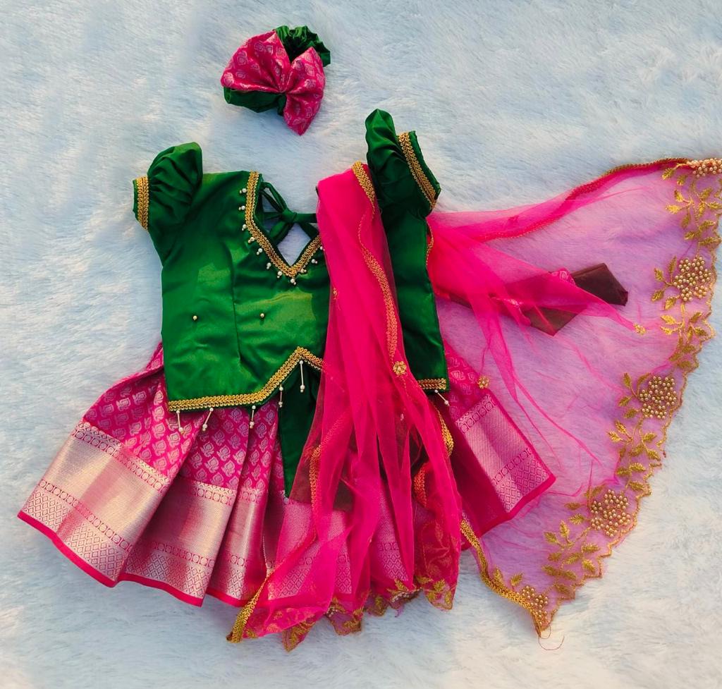 Stylish Green and Pink Pattu pavada