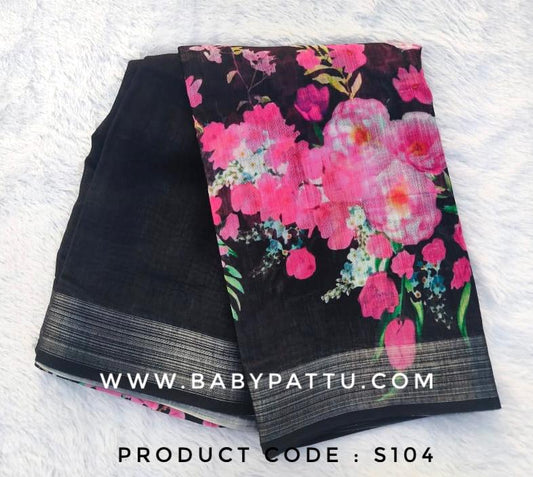 Black Linen || Alia Bhat Inspired Floral Print Black Saree