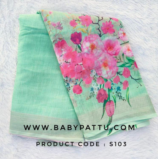 Pista Green Linen || Alia Bhat Inspired Floral Print Pista Green Saree