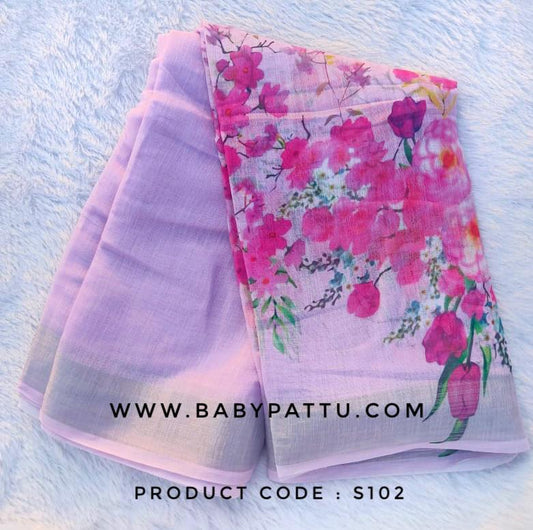 BabyPink Linen || Alia Bhat Inspired Floral Print BabyPink Saree