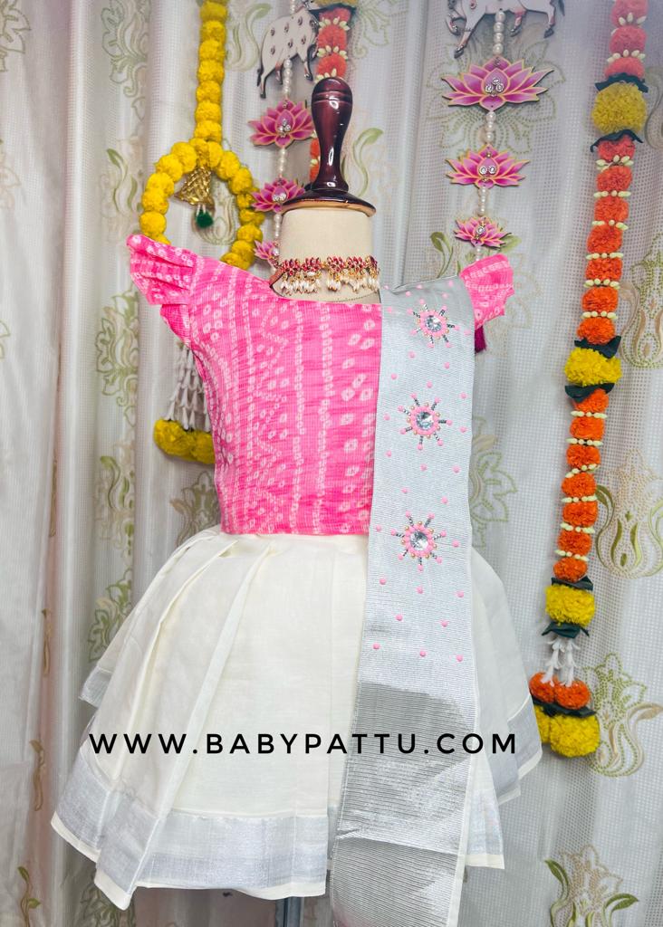 BABY PINKCOLOUR  KOTA COTTON TOP AND KERALA KASUVU COTTON PATTU PAVADA WITH DETACHABLE DUPATTA