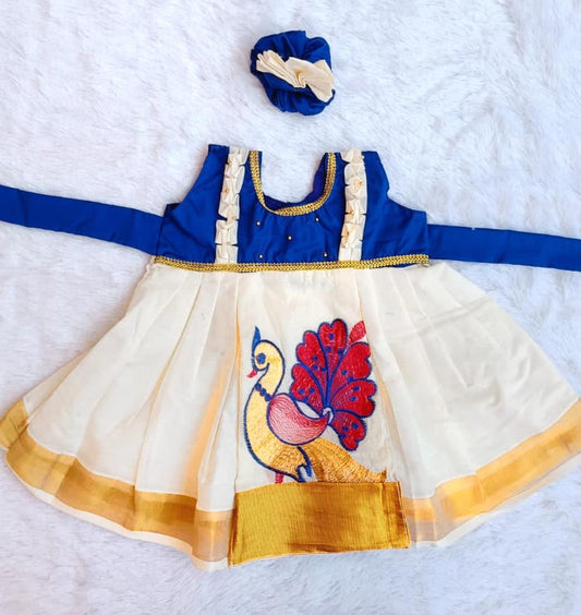 Blue & Kasuvu Cotton Frock With Beautiful Peacock Embroidery