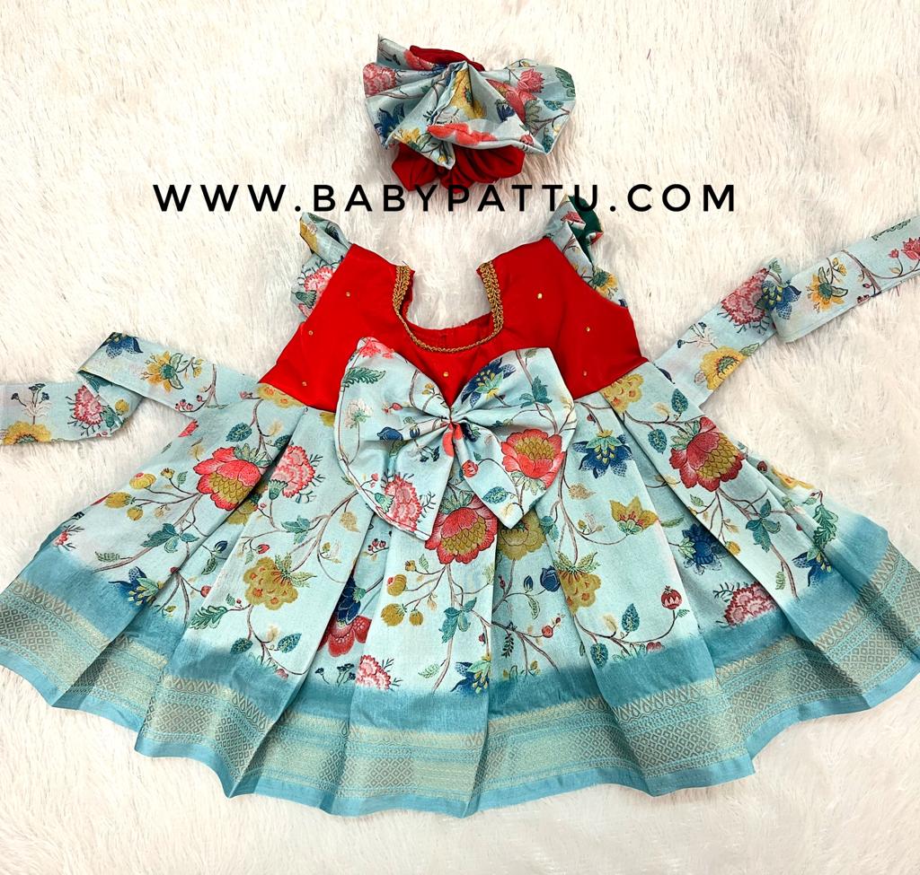 BLUE COLOUR FROCK WITH FLORAL PRINT