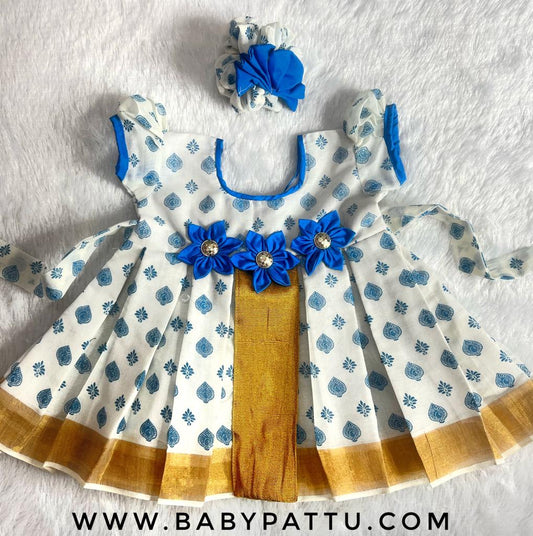 White & Blue Kerala Cotton Frock