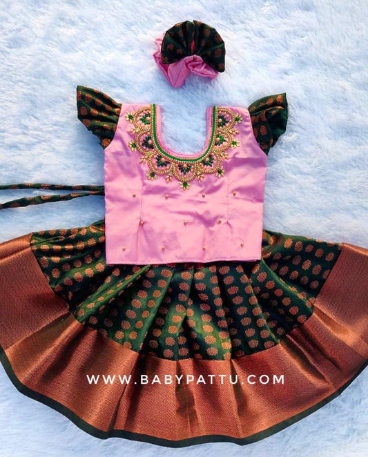 Baby Pink & Dark Green Pattu pavada