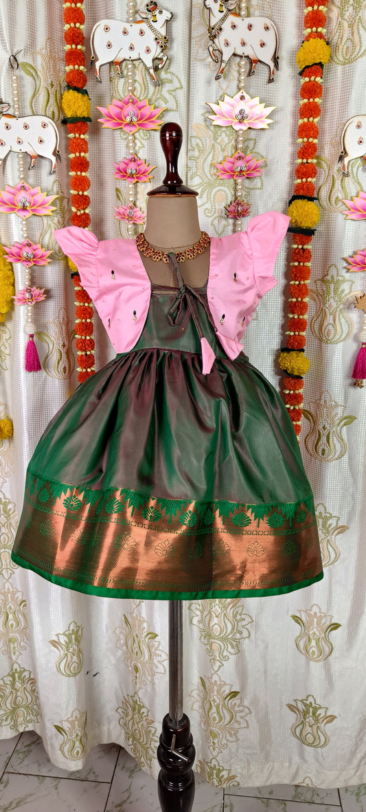 Baby Pink & Double shaded Green Coat Model Frock