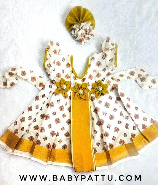 White & Gold Kerala Cotton Frock