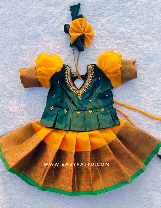 Green & Yellow Kora Muslin Pattu Pavada