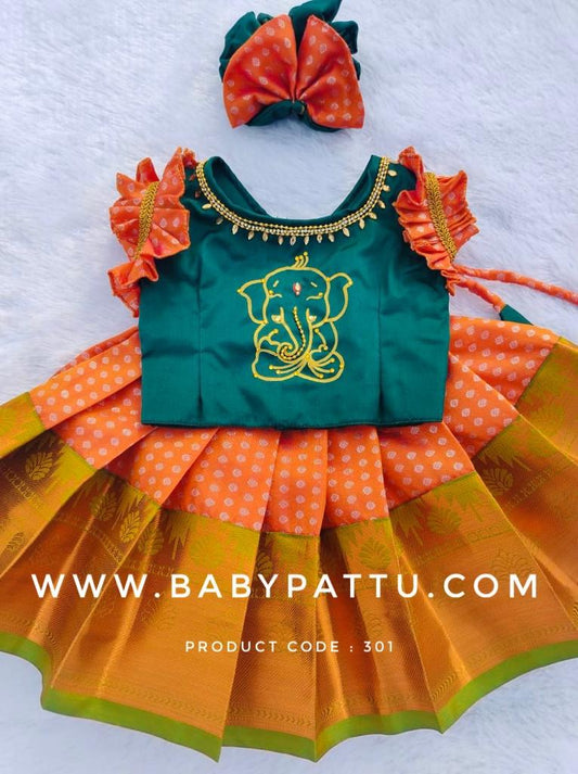 Green & Orange Pattu Pavada