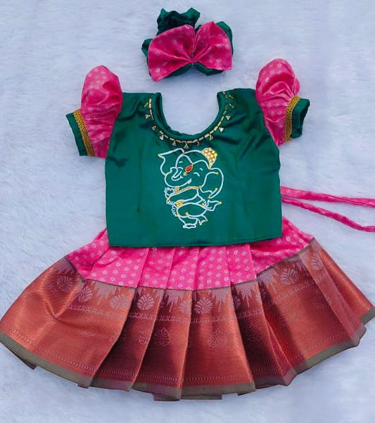 Green & Pink Pattu Pavada