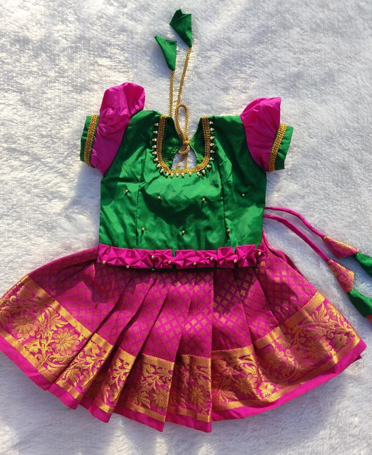 Green & Rani Pink Pattu Pavada