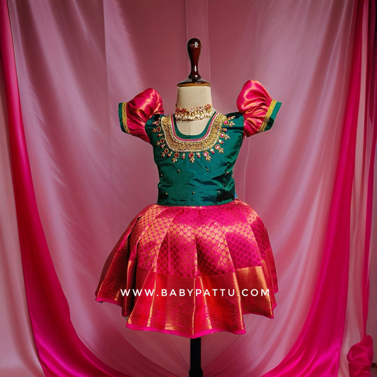 Green & Rani pink Pattu Pavada