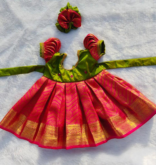 Green & Rani Pink Pattu Frock