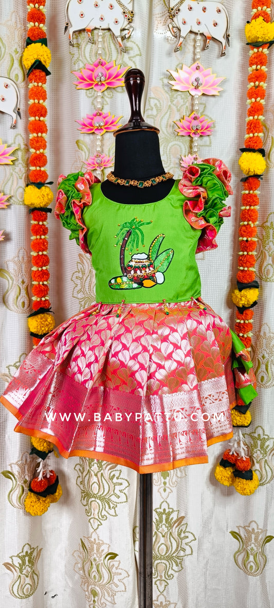 Pongal 2024 / Makara Sankranthi 2024 || Hand Painted PARROT GREEN TOP AND ORANGE BOTTOM PATTU PAVADA