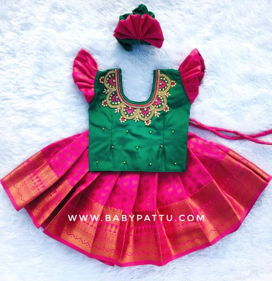 Green & Rani Pink Pattu Pavada