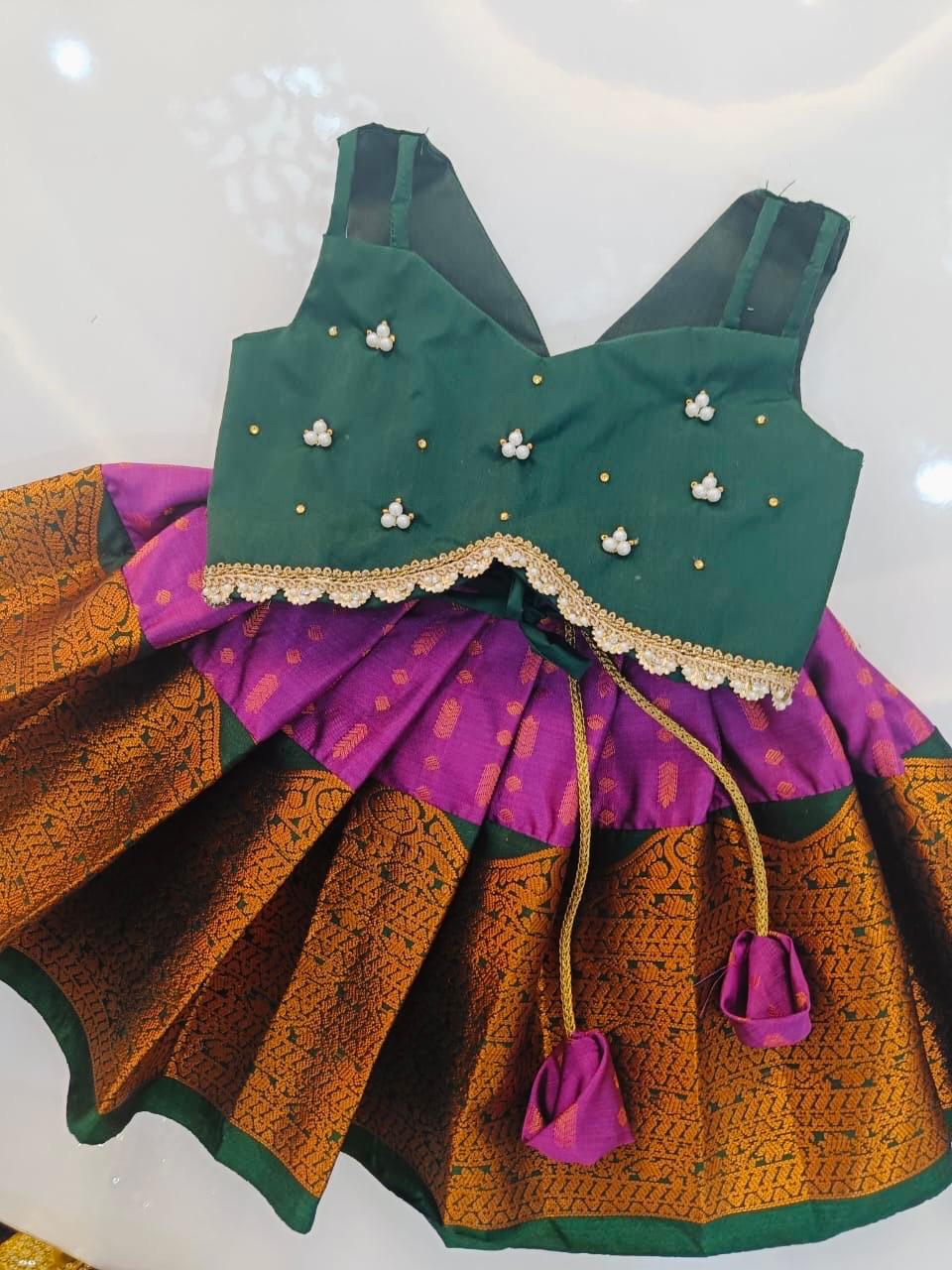 Green Crop  Top And Purple Bottom Pattu Pavada